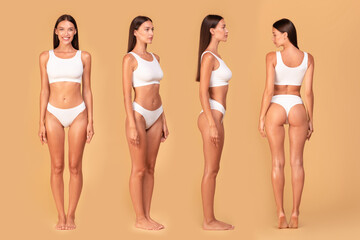 Front, side and back view of slim lady in underwear posing and demonstrating perfect body shape, collage