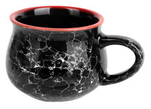 Lovely Black White Nebula Coffee Mug With A Red Rim On White Background. Retro Design Drinking Cup Of Coffee Concept.