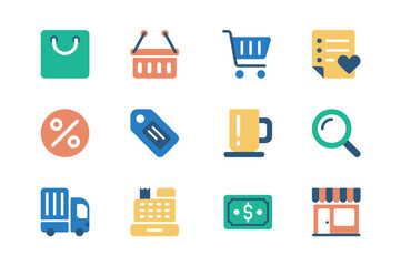 Poster - Shopping concept of web icons set in simple flat design. Pack of shop bag, basket, cart, list, discount, sale, coupon, price, cup of coffee, delivery, cash and other.Vector pictograms for mobile app