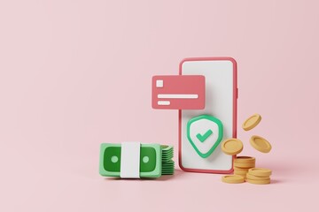 Mobile phone with shield, credit card, stacking money coins banknotes on pink background. Smartphone use for digital payment, online shopping. Network security, safety, password protection. 3d render