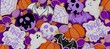 Happy Halloween banner or party invitation. 3D render illustration of Halloween theme cookies with the shape of pumpkin, ghost, bat, skull, poison apple, spiderweb, calligraphy of  trick or treat 