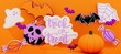 Happy Halloween banner or party invitation. 3D render illustration of Halloween theme cookies with the shape of pumpkin, ghost, bat, skull, poison apple, spiderweb, calligraphy of  trick or treat 
