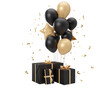 Golden and black balloons and presents on transparent background. Black friday, birthday, celebration, element for event card. Cut out. Modern design. 3d rendering.