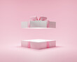 Surprise gift box 3d pink background with open present Christmas pastel ribbon. 3d render for love valentine's day.