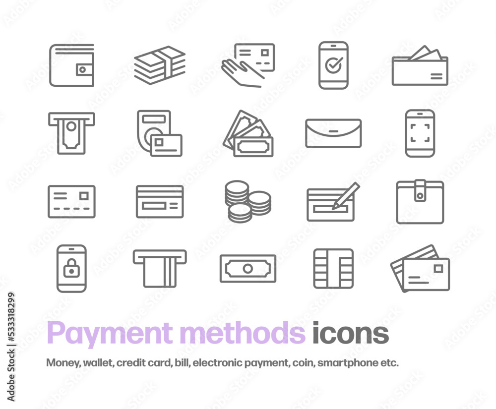 Image vectorielle Stock お金や支払い方法のアイコンセット。クレジットカード,紙幣,電子決済,バーコード決済,財布,コイン ,現金などのシンプルな線画のイラスト。 | Adobe Stock