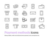 Fototapeta Kosmos - お金や支払い方法のアイコンセット。クレジットカード,紙幣,電子決済,バーコード決済,財布,コイン,現金などのシンプルな線画のイラスト。