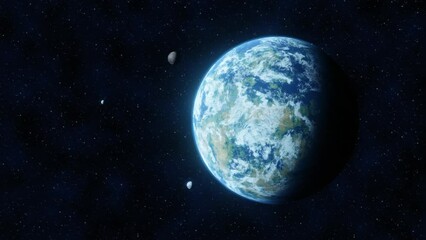 Wall Mural - view of an unknown science fiction planet in blue tone similar to earth in space with three small sa
