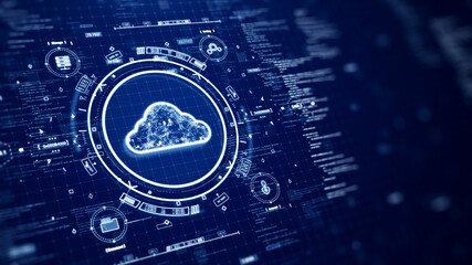 Canvas Print - Cloud and edge computing technology concepts with cybersecurity data protection. Icons and polygons are connected inside the prominent cloud on the left HUD circle. binary code on dark blue background