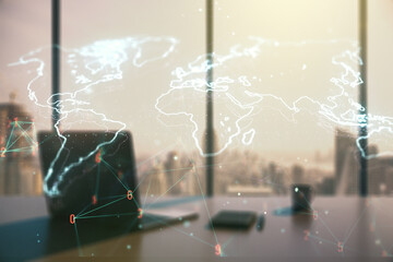 Wall Mural - multi exposure of abstract graphic world map and modern desktop with pc on background, big data and 
