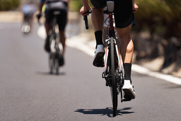 Poster - Cycling competition, cyclist athletes riding a race, climbing up a hill on a bicycle