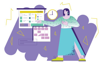 Daily planner violet concept with people scene in the flat cartoon style. Woman writes down her daily routine in a table. Vector illustration.