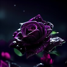 Beautiful Dark Flower, Dark Rose With Morning Dew. Cursed, Magic Rose Petals. Photo Realistic, Concept Art, Cinematic Light, Background, Wallpaper, Illustration