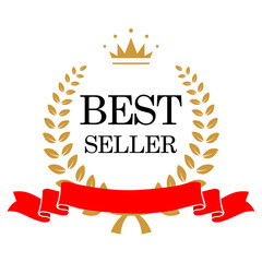 Wall Mural - Best seller golden laurel wreath with crown, red ribbon and black text. Vector quality badge, emblem, reward or certified product. Winner trophy isolated on white background