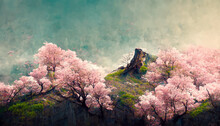 Cherry Blossom Treehouse. Spring Banner, Branches Of Blossoming Cherry Background Of Blue Sky On Nature Outdoors. Pink Sakura Flowers Landscape Scenery.