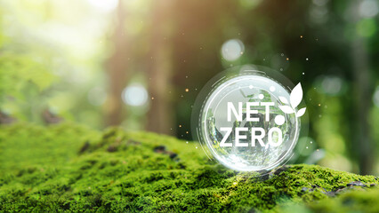 Carbon neutral and net zero concept natural environment A climate-neutral long-term strategy greenhouse gas emissions targets Globe globe with green net center icon.