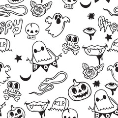 Poster - Funny Ghosts seamless pattern for coloring book. Black and white background.