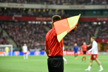 Wall Mural - Soccer touchline referee with the flag during match at the football stadium.