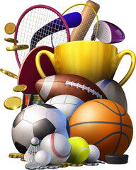 Wall Mural - 3D illustration with various types of sporting equipment used in the sports of basketball, baseball, tennis, golf, soccer, volleyball, rugby, American football, hockey and badminton 