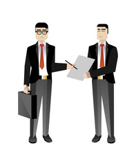 Wall Mural - Asian businessmen in business suits sign a contract. Corporate business people isolated vector illustration