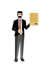 Wall Mural - European bearded businessman with thumb up holding contract. Corporate business people isolated vector illustration