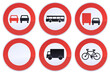 Collection of circular red, black and white road prohibition signs with no overtaking for cars or trucks, no traffic for bicycles or public transport (metal reflection)