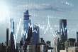 Multi exposure of abstract virtual financial graph hologram on New York skyline background, forex and investment concept