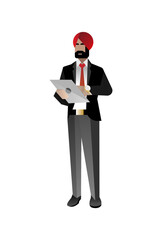 Wall Mural - Indian bearded businessman in business suit using tablet computer. Corporate business people isolated vector illustration