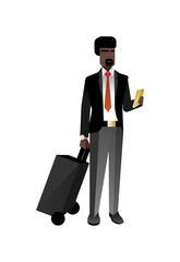 Poster - African bearded businessman in business suit with mobile phone and travel bag in hands. Corporate business people isolated vector illustration