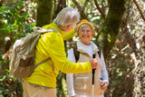 Fototapeta  - Cheerful caucasian senior couple hiking in the forest holding backpacks and looking each other with fun