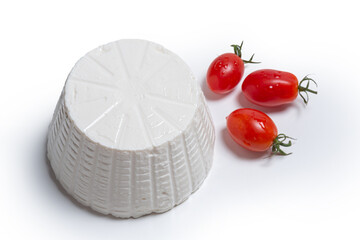 Wall Mural - cottage cheese with cherry tomatoes on a white background