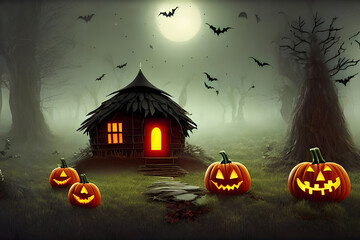 Halloween pumpkins / Jack-o'-lantern / Jack o lantern  - Cabin in a forest at nigth with the light of the moon and bats - digital painting - illustration