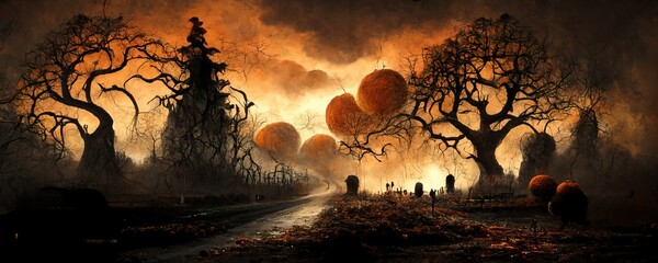 Wall Mural - Halloween Spooky background at night with full moon. 3d Illustration. Orange tones