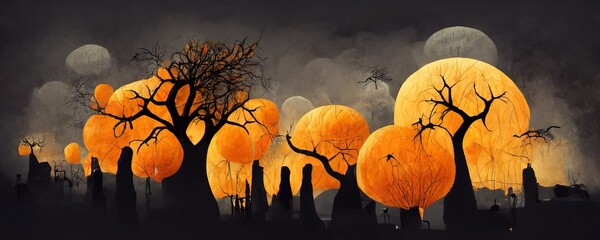 Wall Mural - Halloween Spooky background at night with full moon. 3d Illustration. Orange tones