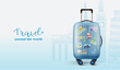 Blue poster with encouraging message saying Travel around the world and blue bag.