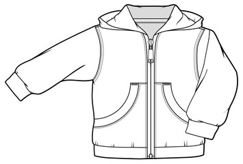 boys full sleeve hoodie jacket with zipper and pocket technical drawing flat sketch vector illustration