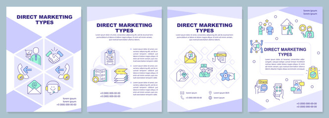 Direct marketing types purple brochure template. Advertisement. Leaflet design with linear icons. Editable 4 vector layouts for presentation, annual reports. Arial-Black, Myriad Pro-Regular fonts used