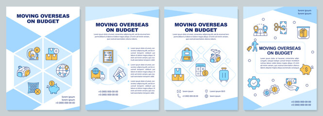 Moving overseas on budget blue brochure template. Cheap travel. Leaflet design with linear icons. Editable 4 vector layouts for presentation, annual reports. Arial-Black, Myriad Pro-Regular fonts used