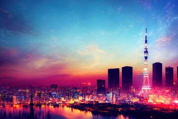 Canvas Print -  Tokyo City Landscape with Tokyo Tower one of city famous landmark in the distance Metropolitan and mega city concept , style U1 1