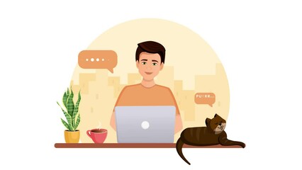 Animation of a man working at a computer with a cat. Remote work, freelance, home office, programming, education. Communication on the Internet, online meetings.