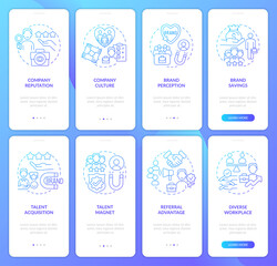 Wall Mural - employer brand advantages blue gradient onboarding mobile app screen. hr walkthrough 4 steps graphic