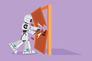 Sticker - Cartoon flat style drawing robot punching, destroying door. Overcome challenges, destroy obstacles with force. Robot artificial intelligence. Electronic technology. Graphic design vector illustration