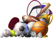 3D illustration with different types of sporting equipment used in the sports of basketball, baseball, tennis, golf, hockey, soccer, volleyball, rugby, American football and badminton