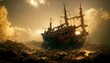 Old wrecked ships rest in the junkyard beneath the sky. 3d illustration
