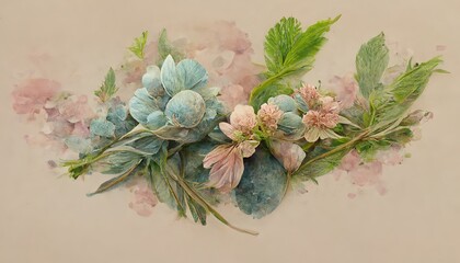 Poster - Flowers of different varieties and species are painted on the canvas in delicate pink. 3D rendering