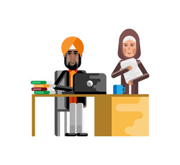 Sticker - Indian businessman working in office and arabic secretary with documents near here. Corporate multicultural business people isolated vector illustration.