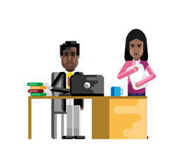 Sticker - African businessman working in office and indian secretary with documents near here. Corporate multicultural business people isolated vector illustration.