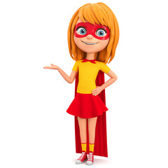 Wall Mural - Cartoon character girl in a super hero costume on a white background points with her hand. 3d render illustration.