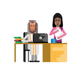 Wall Mural - Arabic businessman working in office and indian secretary with documents near here. Corporate multicultural business people isolated vector illustration.