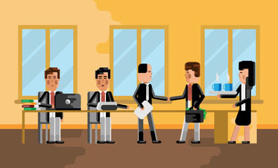 Sticker - Business meeting asian businessman with european investor, secretary with coffee cups. Corporate multiethnic business people isolated vector illustration.