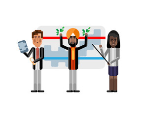 Wall Mural - Multiethnic business staff doing presentation near whiteboard with financial diagram. Corporate multicultural teamwork isolated vector illustration.